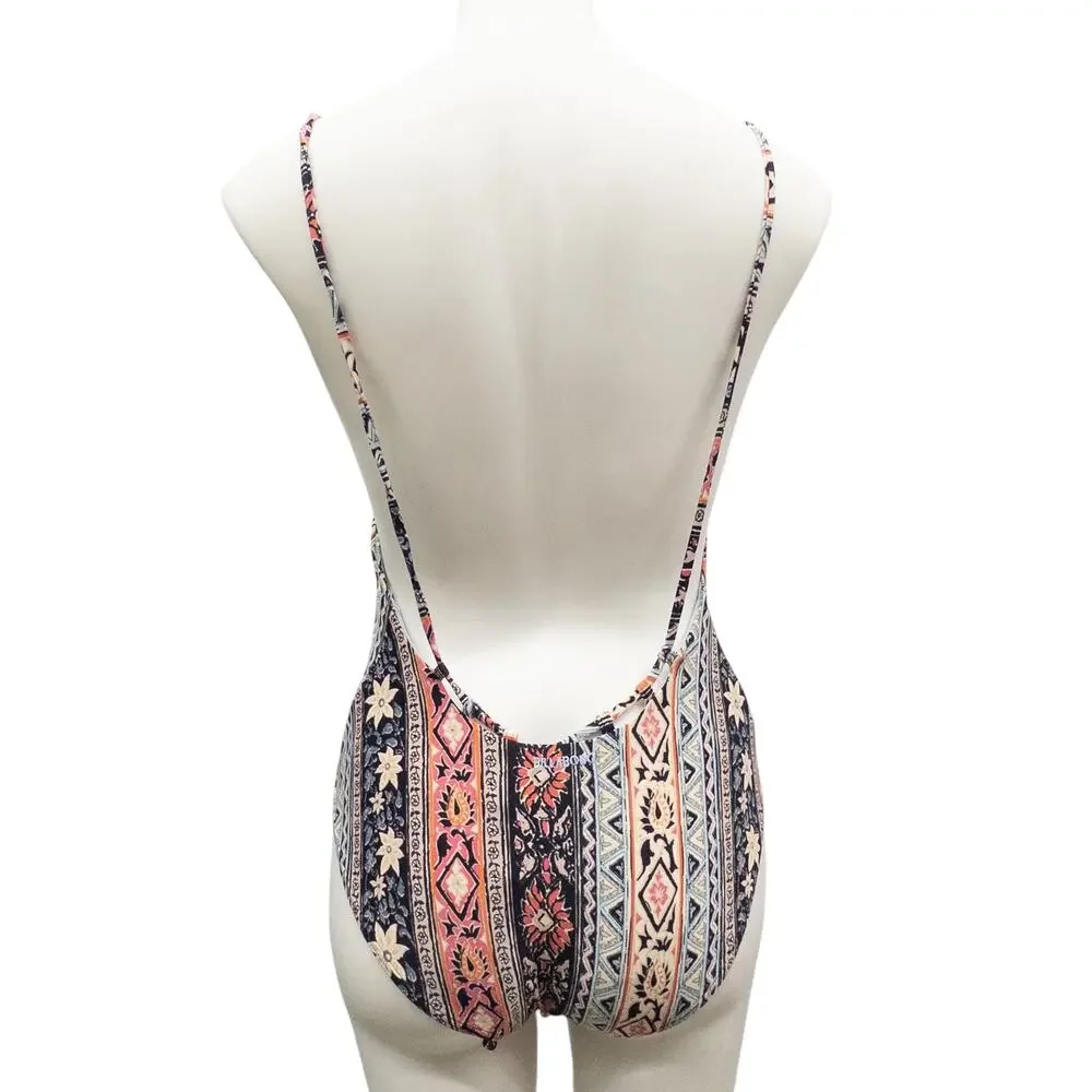 Billabong Moon Dancer Lace-Up One Piece Swimsuit Women's M Multi Boho Print